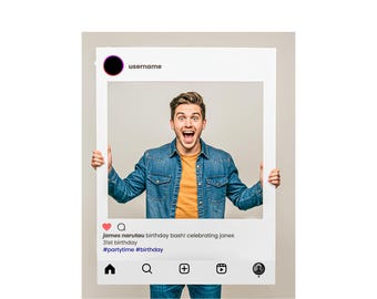 May include: A white Instagram-style photo frame held by a person, with the person's face visible inside the frame. The frame has a profile icon, username, and text that reads "james narutau birthday bash! celebrating janes 31st birthday #partytime #birthday".