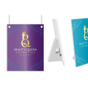 May include: Three different display options for a sign with the text "Beauty Queen Cosmetics" and a gold crown and letter "BQ" logo. The sign is on a wooden easel, a purple and white sign with hanging hardware, and a blue sign with a white stand.
