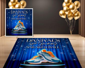 May include: A blue rug and a framed image with the text "DANIYAL'S 18th Birthday SNEAKER BALL" and a pair of sneakers on a stage. Gold balloons are in the background.
