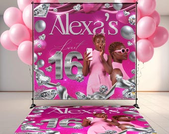 May include: A pink backdrop and floor decal set for a Sweet 16 celebration. The backdrop features the text "Alexa's Sweet 16" with silver accents, along with images of diamonds and balloons. Pink balloons are on the left and right.