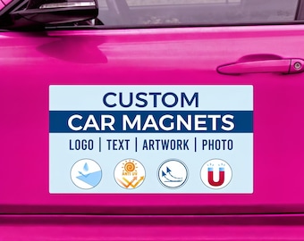May include: A rectangular car magnet with a light blue background and dark blue text reading CUSTOM CAR MAGNETS, followed by LOGO | TEXT | ARTWORK | PHOTO. Below are four circular icons representing weather resistance, anti-UV, durability, and magnetism.