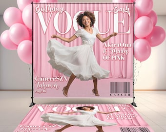 May include: A pink backdrop and floor decal set featuring a woman in a white dress, styled as a Vogue magazine cover. The backdrop includes text that reads "Birthday Vogue Bash", "AkiraOna 16 Shades of Pink", and "CancerSZN Takeover". Pink balloons are on either side.