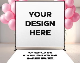 May include: A white backdrop and floor decal with the text "YOUR DESIGN HERE" in bold black letters. Pink balloons are on either side of the backdrop. The words "COMBO DEAL CUSTOM BACKDROP + FLOOR DECAL" are at the bottom.