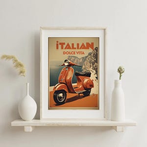 Italian Dolce Vita Printable Poster | Vintage Vespa Wall Art | Amalfi Coast Retro Travel Print | Red Scooter Digital Download