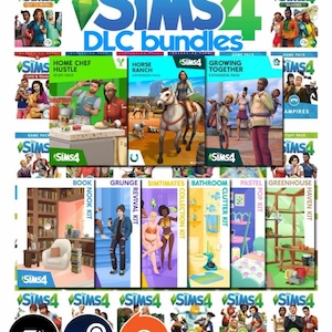 Peut inclure: Image promotionnelle pour les packs DLC Les Sims 4. L'image présente divers packs de jeux et packs d'extension, dont "Home Chef Hustle", "Horse Ranch" et "Growing Together". Le logo Les Sims 4 et les logos EA, Steam et Origin sont également visibles.
