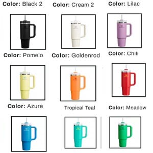 Pu&ograve; includere: Una collezione di bicchieri isolanti in vari colori, tra cui nero, crema, lilla, pomelo, verga d'oro, peperoncino, azzurro, verde acqua tropicale e prato. Ogni bicchiere ha un manico, una cannuccia e un coperchio. Il testo "Color:" precede ogni nome di colore.