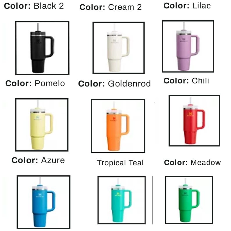 Pu&ograve; includere: Una collezione di bicchieri isolanti in vari colori, tra cui nero, crema, lilla, pomelo, verga d'oro, peperoncino, azzurro, verde acqua tropicale e prato. Ogni bicchiere ha un manico, una cannuccia e un coperchio. Il testo "Color:" precede ogni nome di colore.