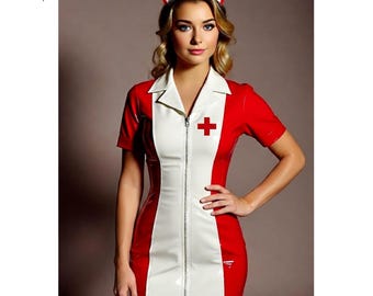 PVC Krankenschwester Kostümkleid, glänzende Lackuniform, Custom XS - 6XL