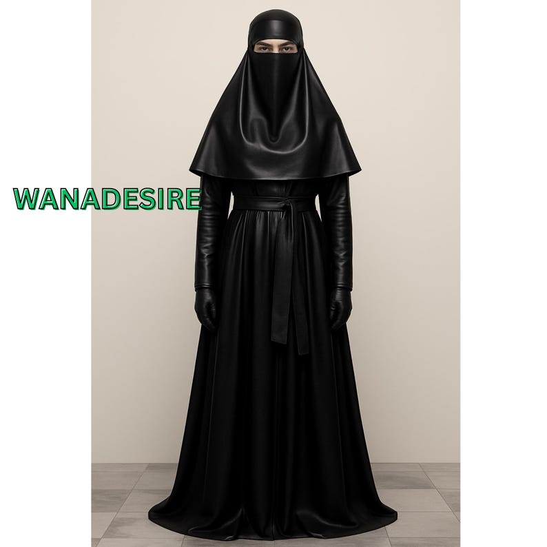 Op de afbeelding: Een zwarte niqab in lederlook en een bijpassende jurk met lange mouwen tot op de grond, voorzien van een ceintuur en handschoenen. Het kledingstuk heeft een gladde, effen zwarte afwerking. De tekst WANADESIRE staat in het groen links afgebeeld.