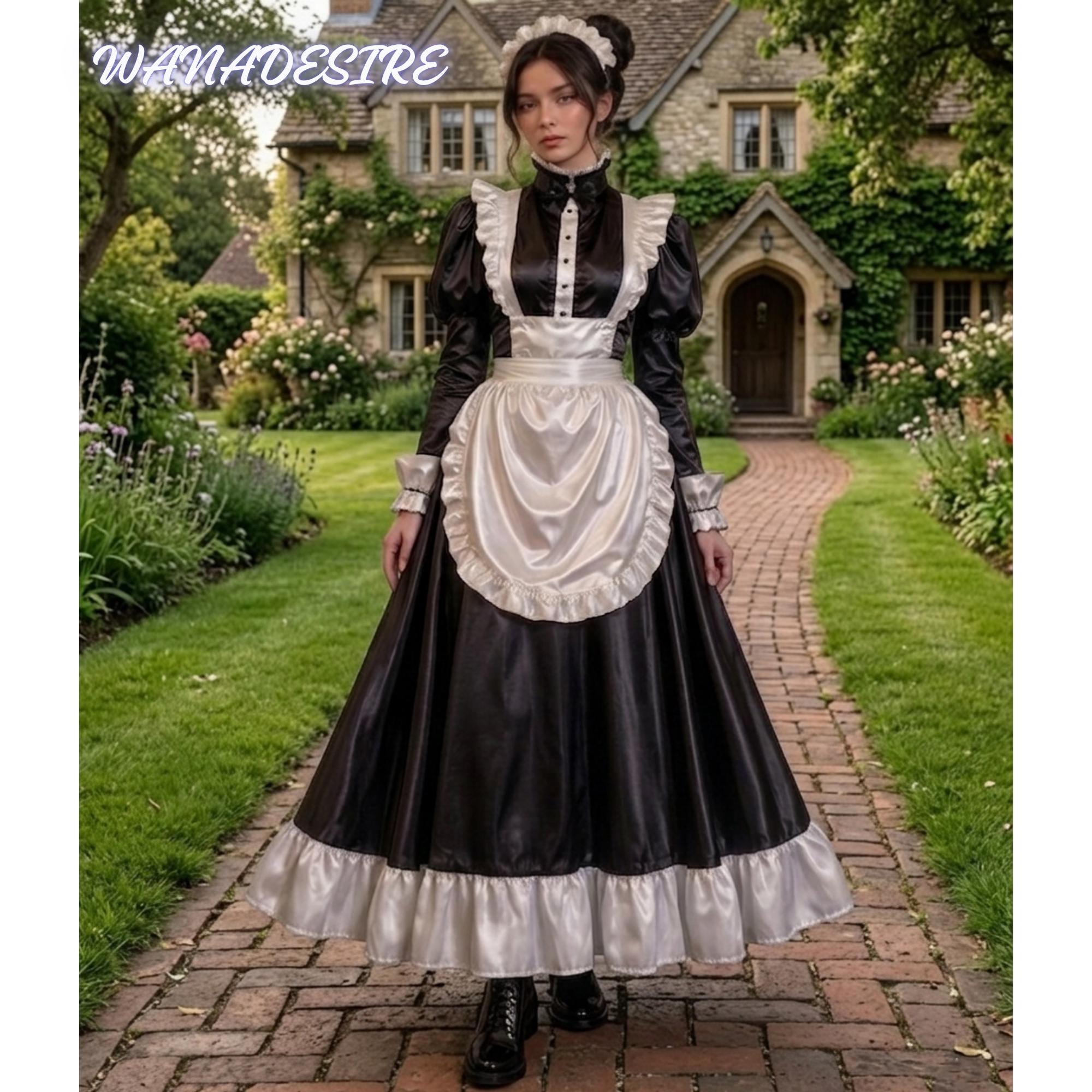Victorian French Maid Dress – Black Satin Gothic Cosplay Outfit XS