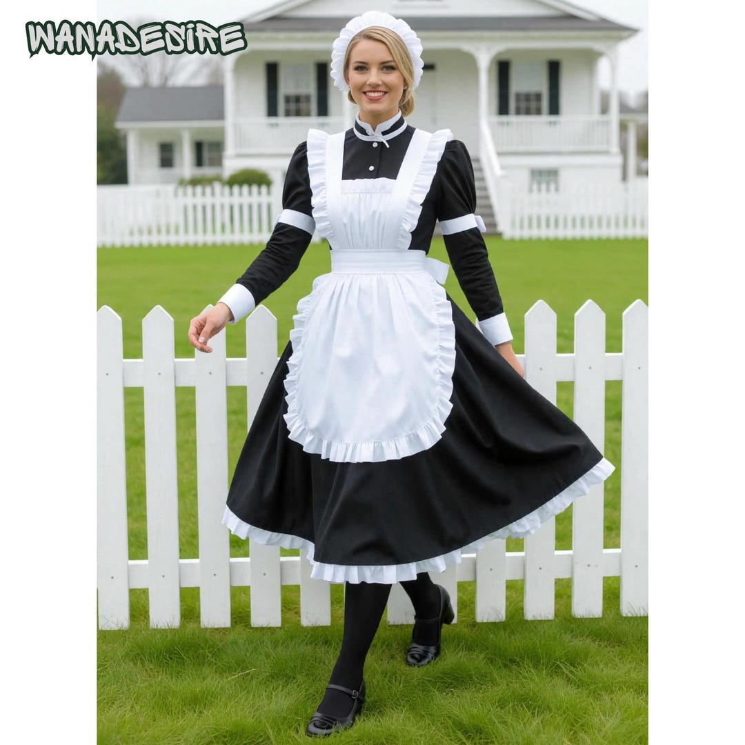 maid dress Victorian With Apron Satin or Satin PVC French Cosplay Costume XS-6XL Black Set+White Petticoat Size Kiss Kiss Series Cute Doll