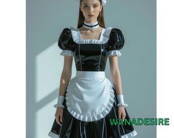Schwarzes PVC - Dienstmädchen: Gothic Cosplay Kleid, auf Bestellung angefertigt