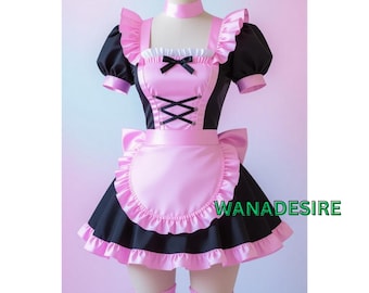 Fantasia de empregada francesa de cetim com avental – Tamanhos personalizados feitos à mão: XS a 6XL