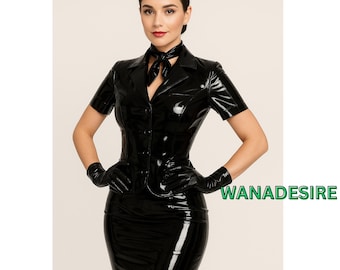 Glänzendes PVC Flugbegleiter Kostüm: Vinyl Flugbegleiterin Outfit ( Handschuhe sind nicht enthalten )