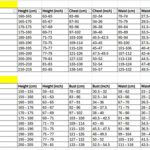Op de afbeelding: Een tweedelige maattabel met gele kopteksten gelabeld als Costume Size en Size Chart. De tabellen vermelden maten van XXS tot 6XL met bijbehorende afmetingen voor lengte, borst, taille en heupen in zowel centimeters als inches voor referentie.