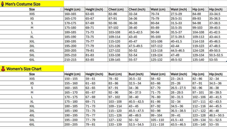 Op de afbeelding: Een tweedelige maattabel met gele kopteksten gelabeld als Costume Size en Size Chart. De tabellen vermelden maten van XXS tot 6XL met bijbehorende afmetingen voor lengte, borst, taille en heupen in zowel centimeters als inches voor referentie.