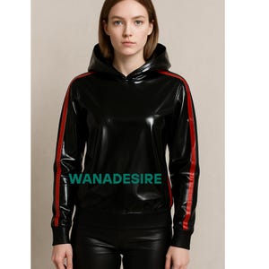 Custom PVC Hoodie – Black with Red Stripes | Unisex Latex-Style Fetish Streetwear (XS to 6XL)