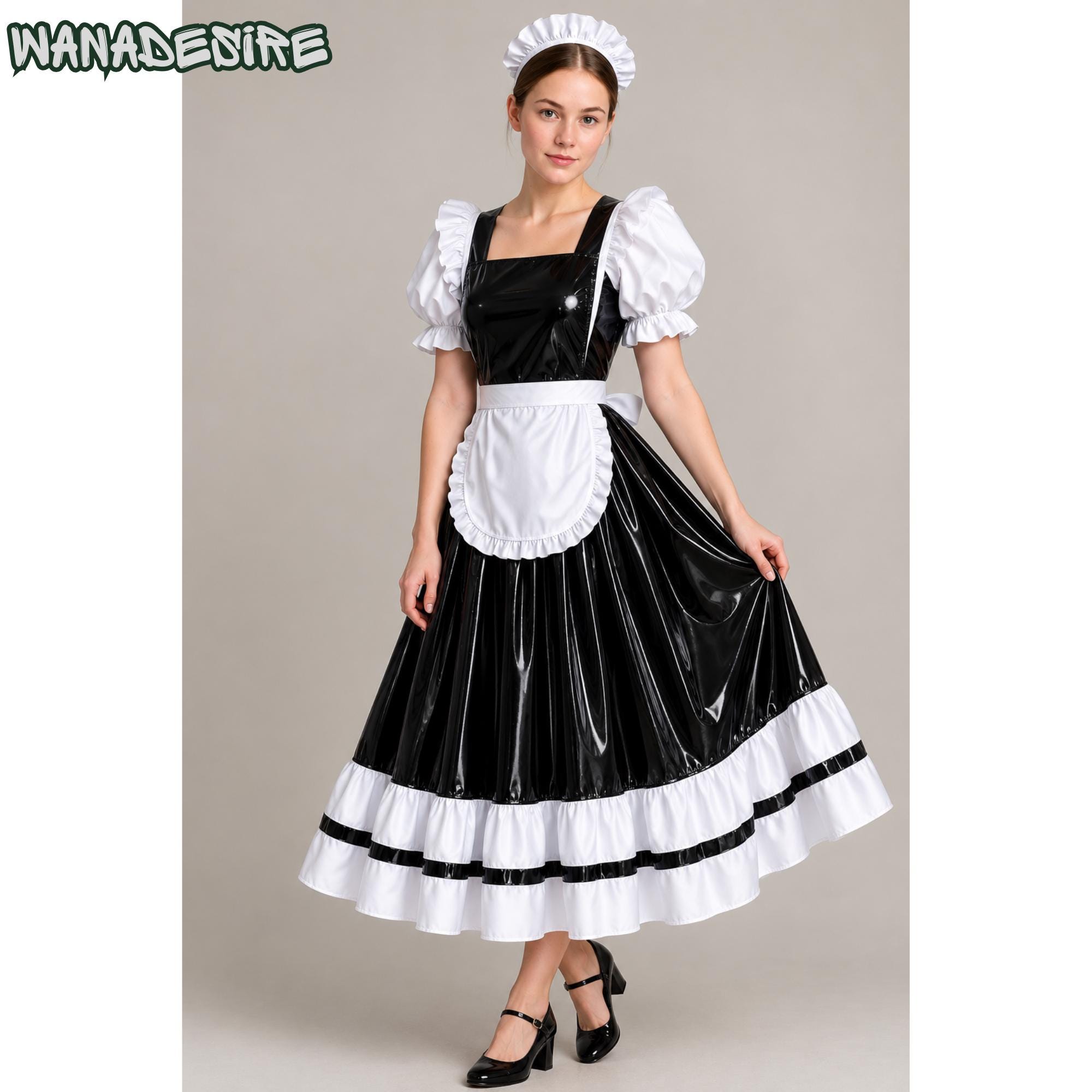 Luxury Gothic PVC Satin Maid Dress Custom Handmade Cosplay Outfit