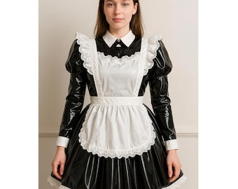 Schwarzes Lack Maid Outfit – Satinschürze für Cosplay, XS–6XL