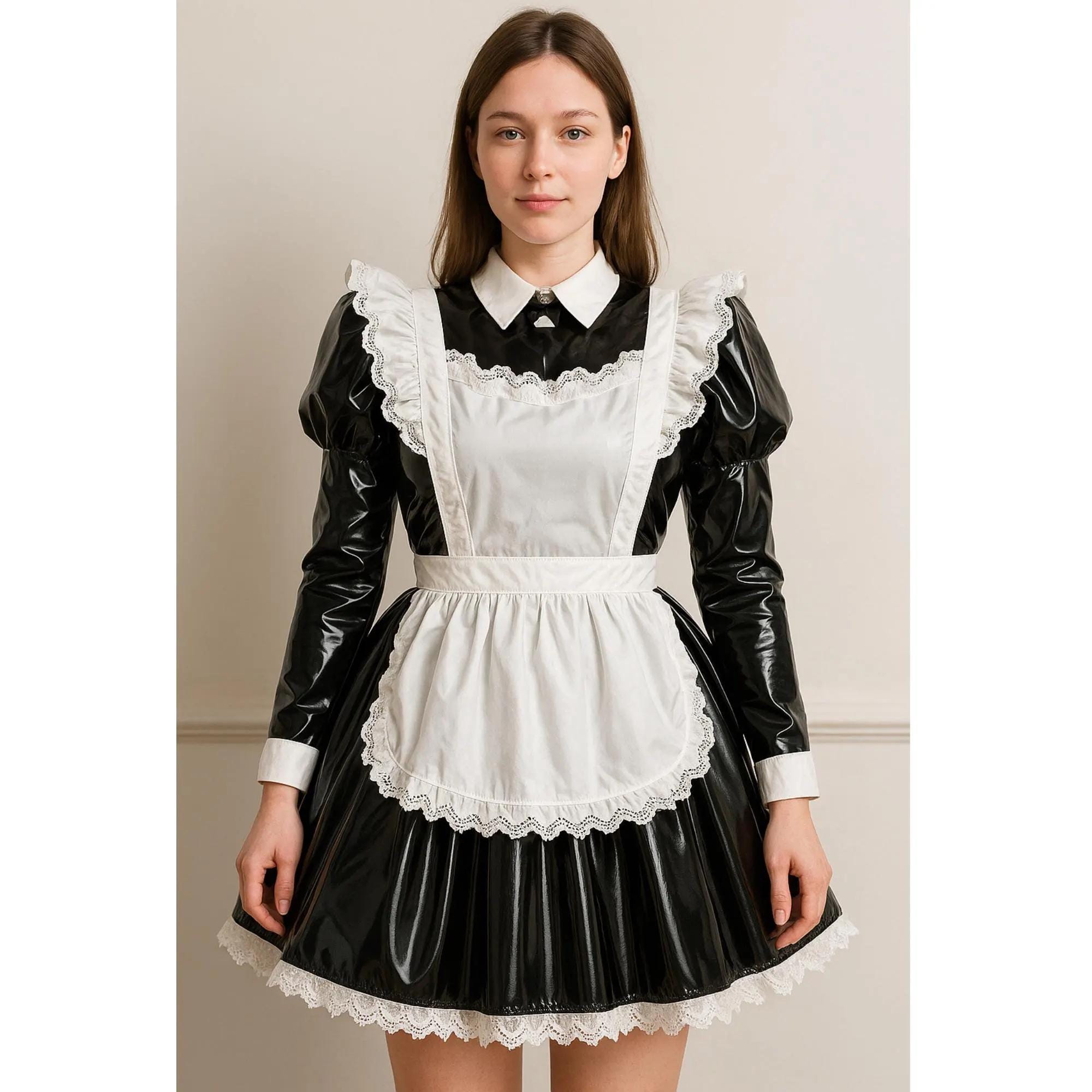 Black PVC French Maid Costume With Satin Apron, Kawaii Cosplay XS