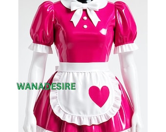 Pink & Weiss PVC Französische Dienstmädchen-Kostüm: Glänzendes Lack-Kleid, XS-6XL