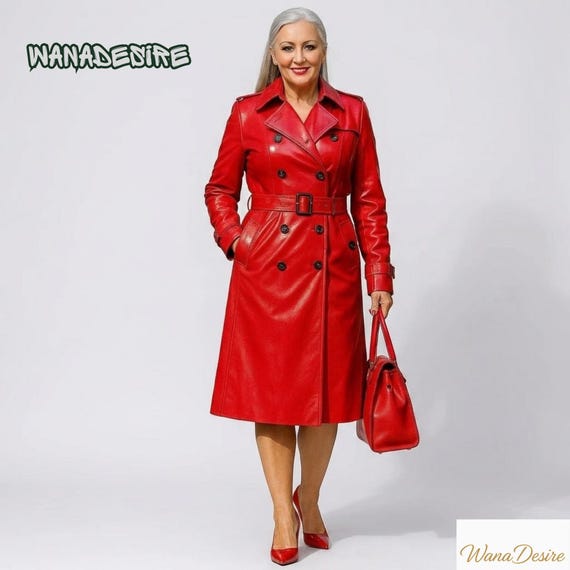 ジャケット・アウター TornadoMart Red Leather Belted Long Coat Glossy PVC Trench Coat – Belted Vinyl Raincoat Handmade Custom