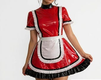 Red PVC French Maid Dress | Shiny Vinyl Maid Outfit | Ruffle Apron Cosplay Costume | Custom Size XS–6XL Handmade