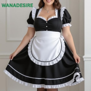 Black and White Satin Maid Cosplay Outfit: Lace Apron, Custom Size XS-6XL