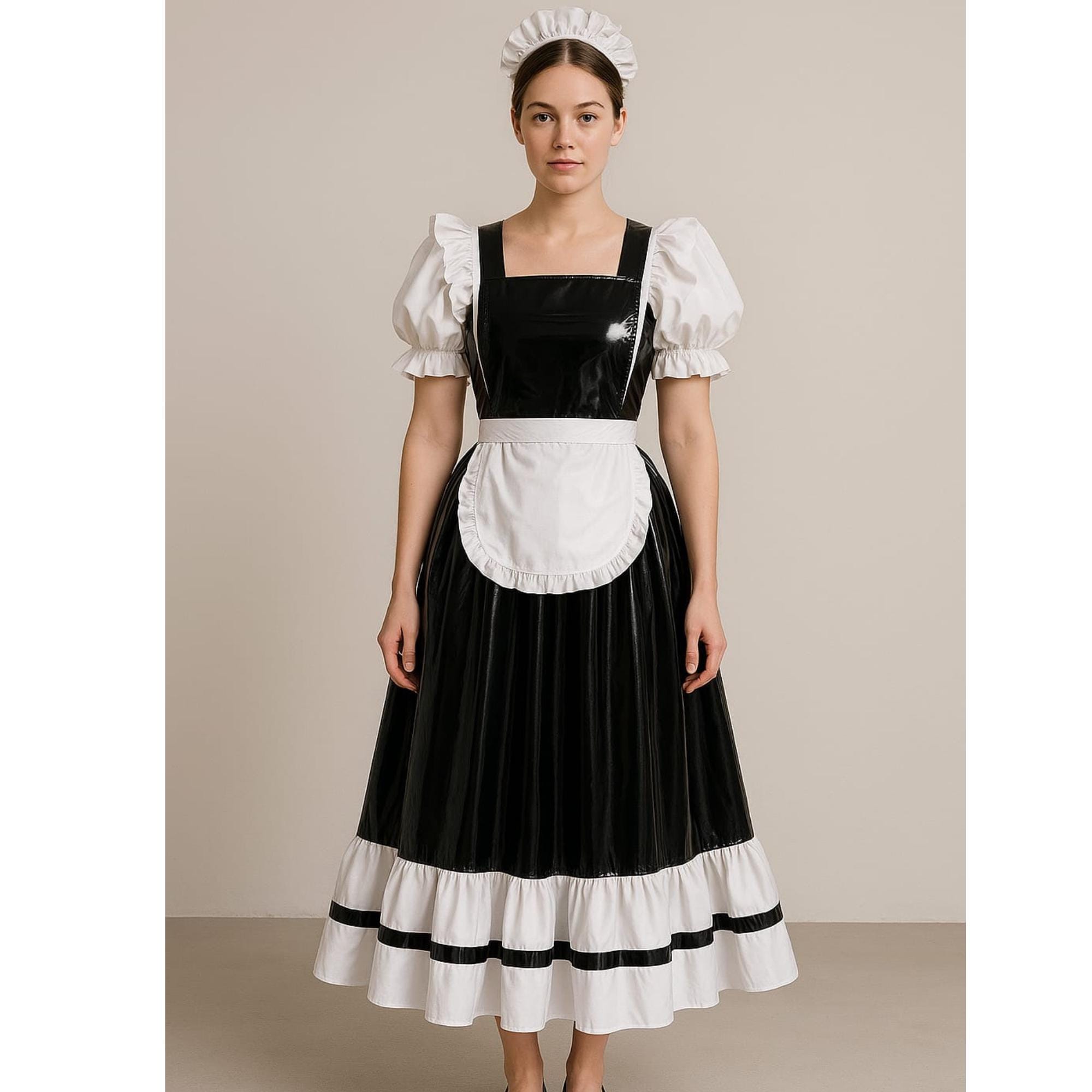 Luxury Gothic PVC Satin Maid Dress Custom Handmade Cosplay Outfit