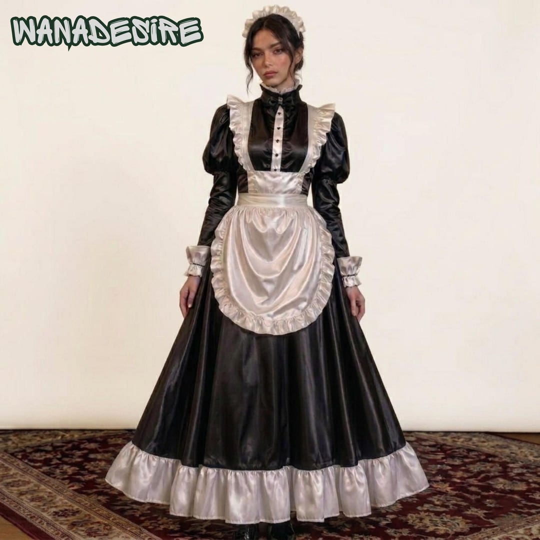 Victorian French Maid Dress – Black Satin Gothic Cosplay Outfit XS