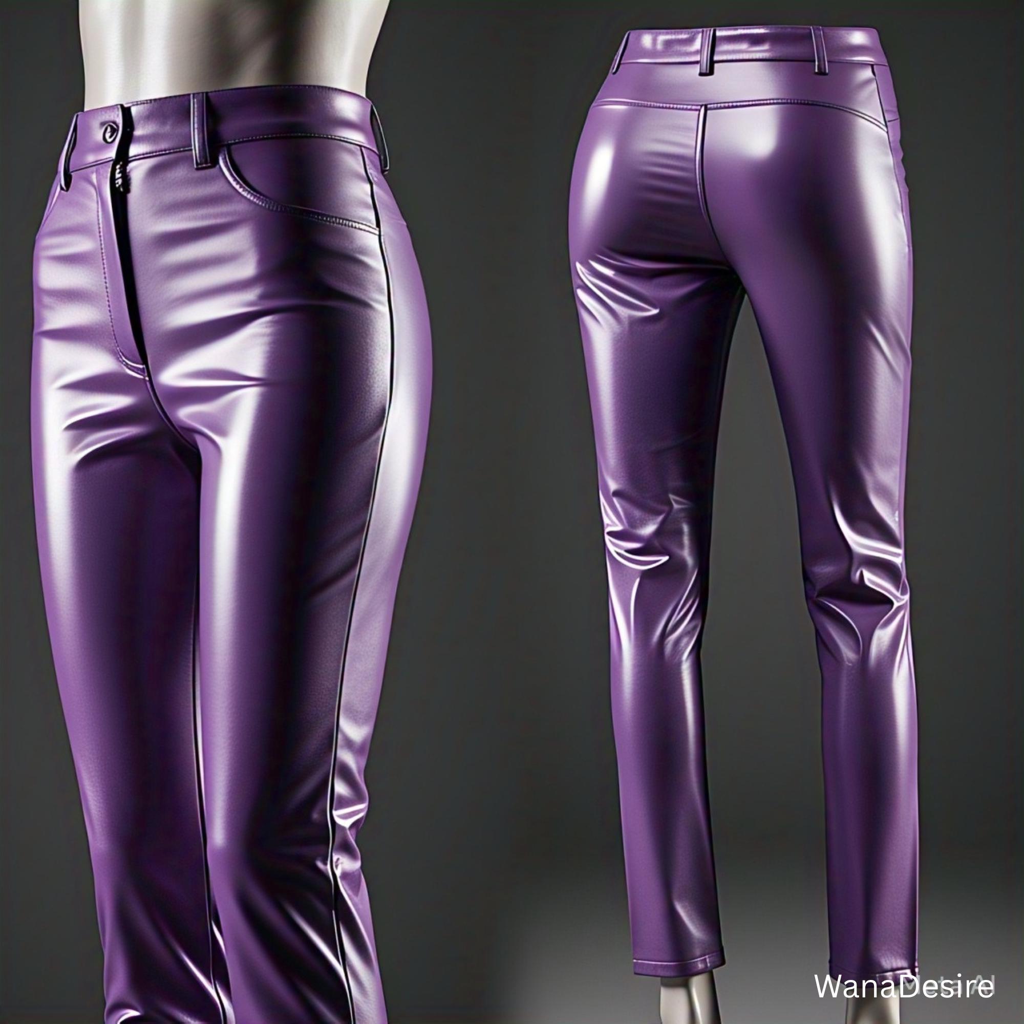 Pantaloni in similpelle viola lucido: pantaloni vegani a vita alta