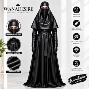 Op de afbeelding: Een zwarte abaya van kunstleer met een bijpassende niqab, lange mouwen en een ceintuur in de taille. Het kledingstuk biedt volledige bedekking met een gladde, matte afwerking. De tekst op de afbeelding bevat WANADESIRE en ELEGANCE IN MODESTY.
