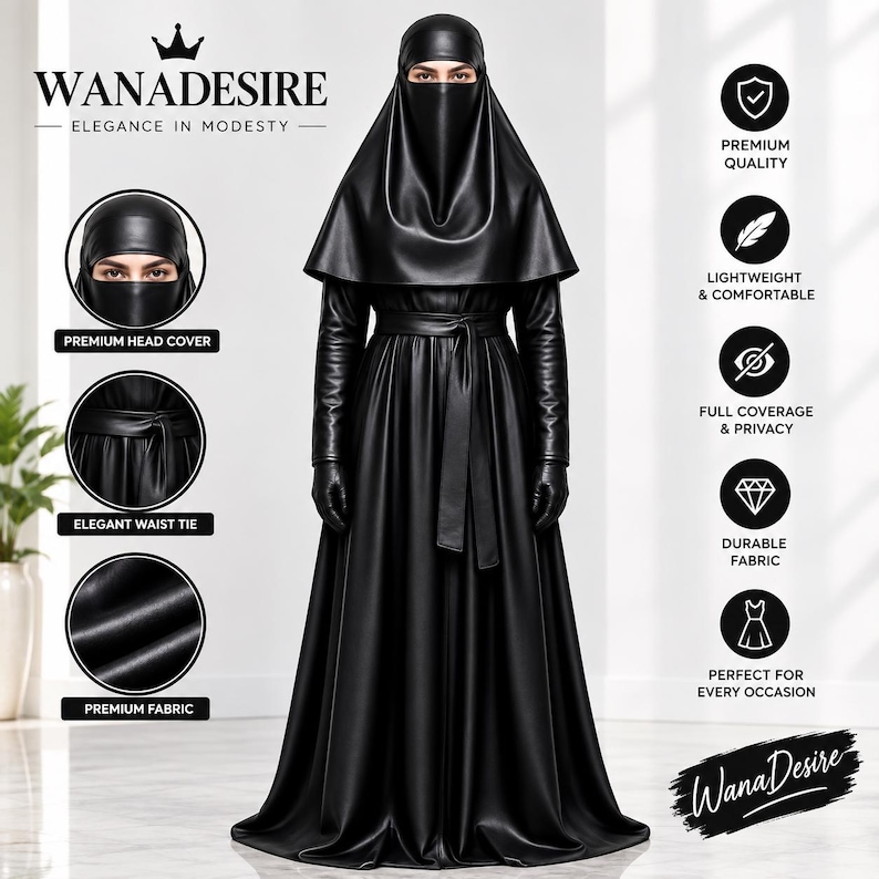 Op de afbeelding: Een zwarte abaya van kunstleer met een bijpassende niqab, lange mouwen en een ceintuur in de taille. Het kledingstuk biedt volledige bedekking met een gladde, matte afwerking. De tekst op de afbeelding bevat WANADESIRE en ELEGANCE IN MODESTY.