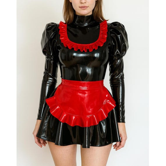 red and black maid dress Handmade PVC Maid Dress with Red Apron Gothic Cosplay Outfit XS