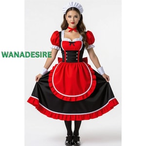 Long Satin Maid Outfit – Victorian French Maid Cosplay Dress with Apron (XS-6XL Custom Size)