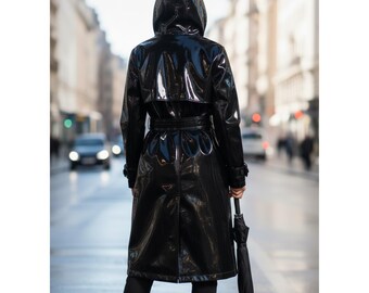 Shiny PVC Raincoat – Hooded Waterproof Trench Coat With Belt - XS