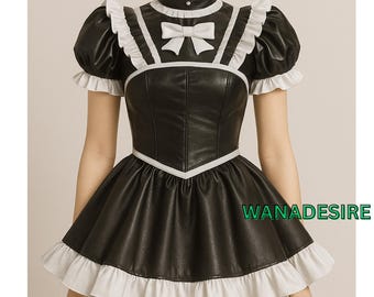 French Maid Leder Look Outfit – Handmade Cosplay Kostüm Kleid Custom Size XS–6XL