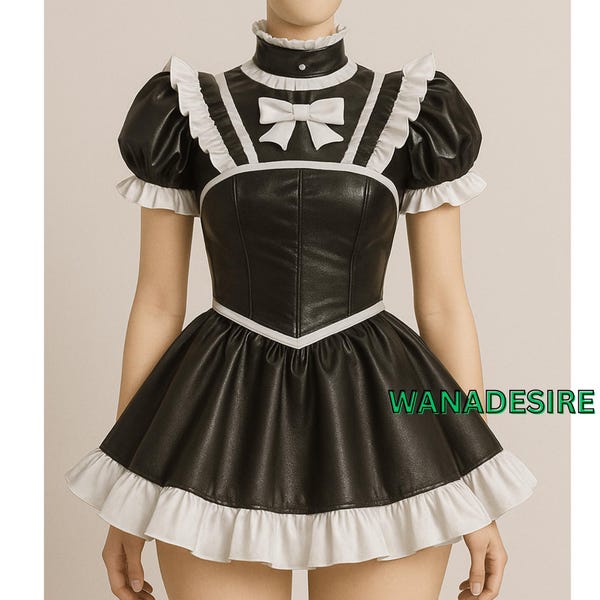 French Maid Leather Look Outfit – Handmade Cosplay Costume Dress Custom Size XS–6XL