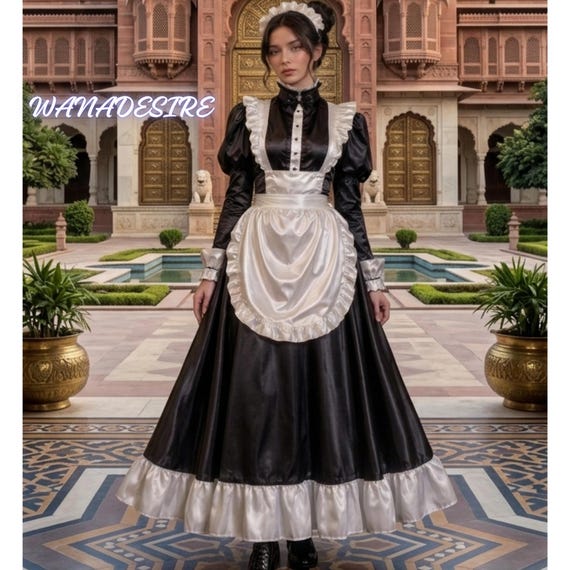 Victorian French Maid Dress – Black Satin Gothic Cosplay Outfit XS