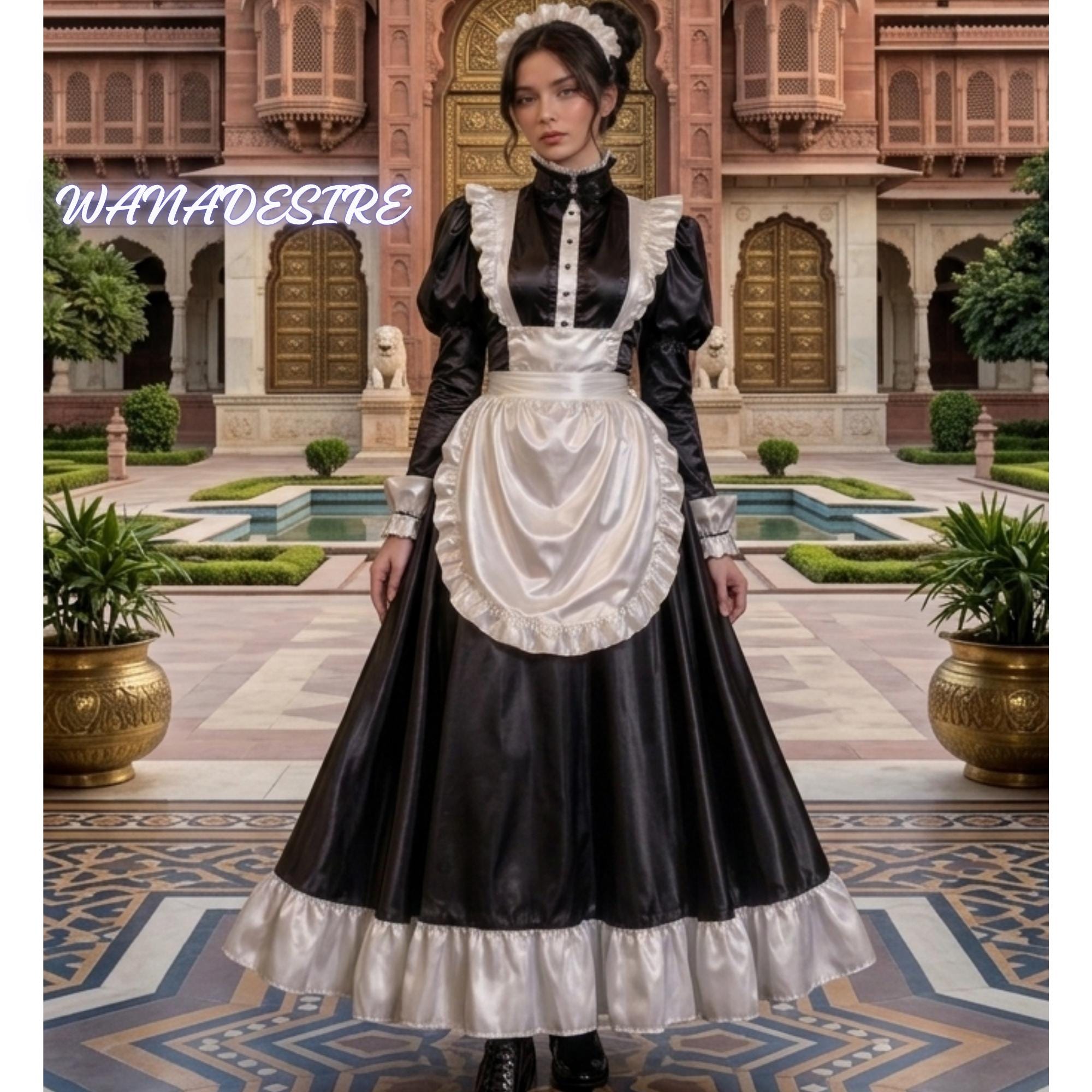 Victorian French Maid Dress – Black Satin Gothic Cosplay Outfit XS