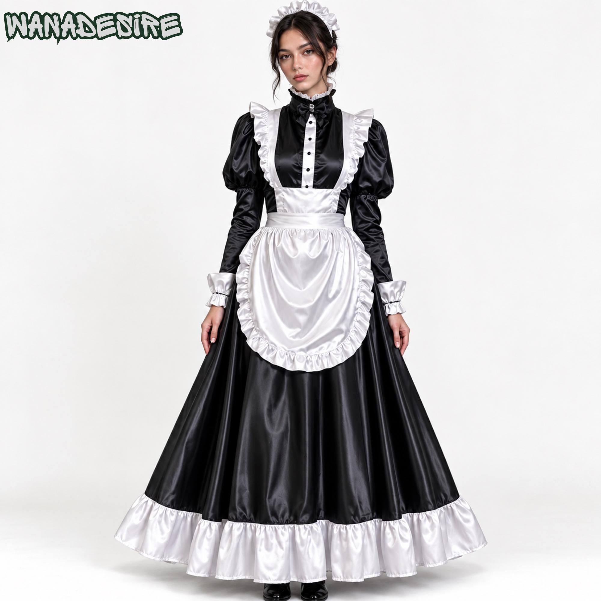Victorian French Maid Dress – Black Satin Gothic Cosplay Outfit XS–6XL Men and Women
