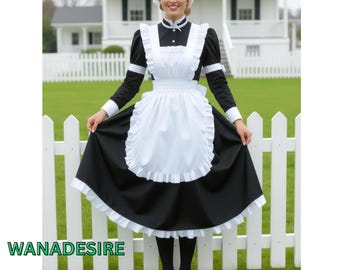 Victoriaanse dienstmeisjesjurk met schort Satijn of satijnen PVC Frans cosplaykostuum XS-6XL
