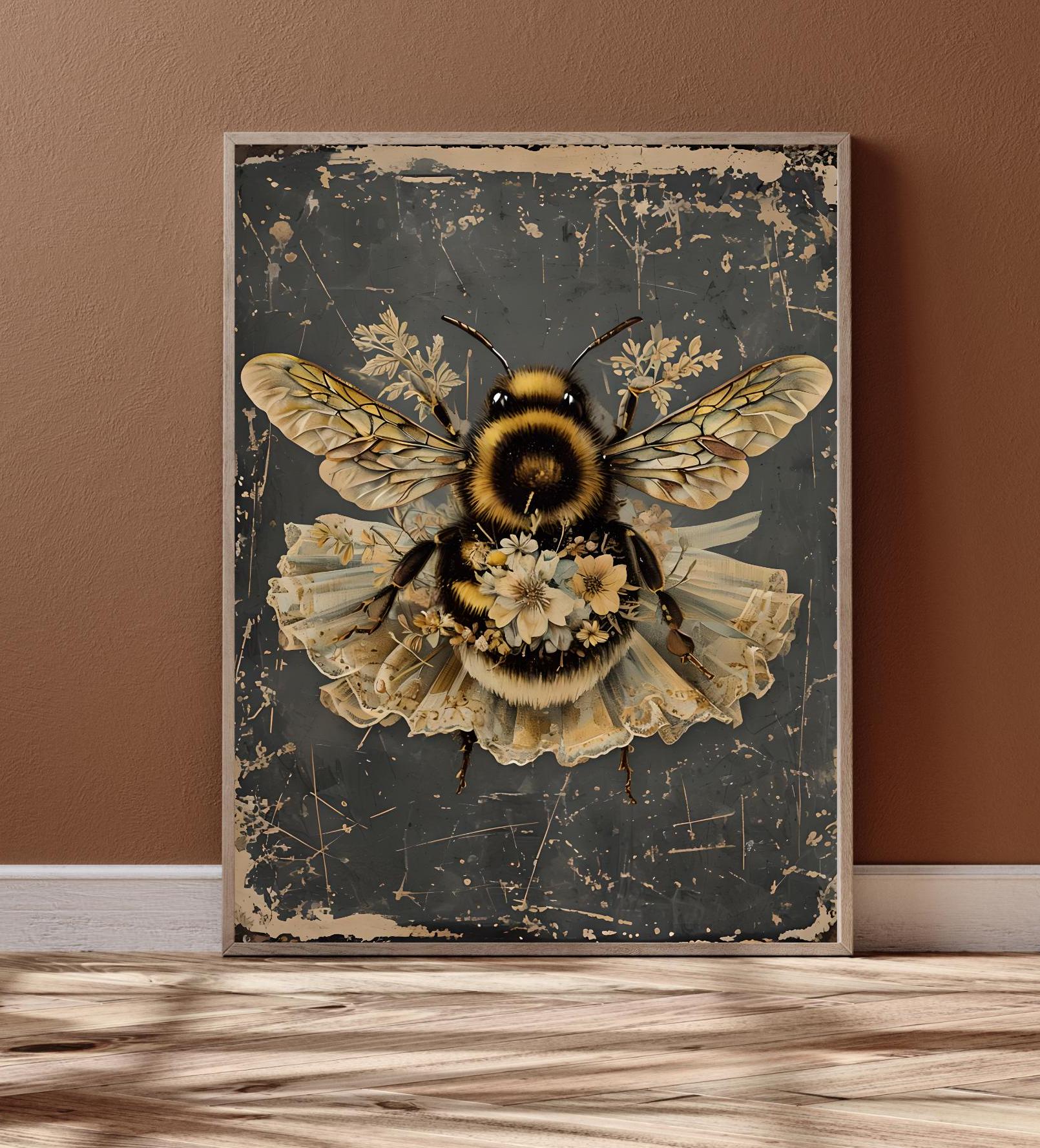 Rustic Bee Design Vintage Bee Illustration: Rustic Farmhouse Wall Art Print for Boho ...
