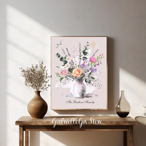 Impressão personalizada de buquê de flores de nascimento – Arte de parede botânica personalizada – Pôster floral minimalista para presentear a mãe, a avó ou a nova casa