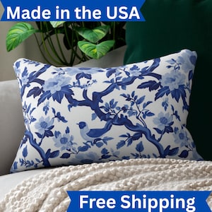 Blue Chinoiserie Lumbar Pillow: Farmhouse Floral Accent Cushion