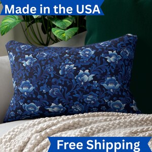 Blue Chinoiserie Lumbar Pillow: Farmhouse Floral Accent Cushion
