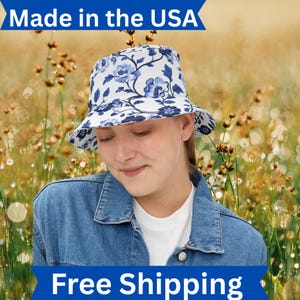 Blue Floral Vintage Bucket Hat, Stylish Sun Protection, Summer Accessory, Gift for Hat lovers, Trendy Blue Hat, Chinoiserie Bucket hat