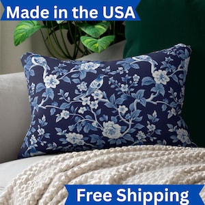 Blue Chinoiserie Lumbar Pillow: Farmhouse Floral Accent Cushion