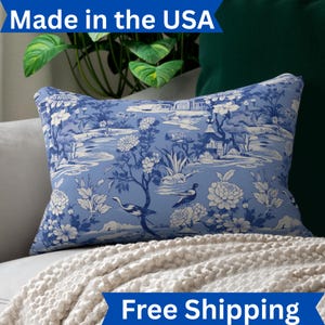 Blue Chinoiserie Lumbar Pillow: Farmhouse Floral Accent Cushion