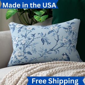 Blue Chinoiserie Lumbar Pillow: Farmhouse Floral Accent Cushion